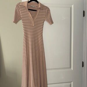 LOFT Beige and Black Striped Midi Dress